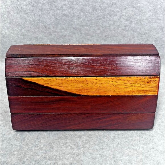 Vintage 70s Wooden Slat Shoulder Bag Small Size Two Tone Lined Snap Button Boho - Picture 4 of 15